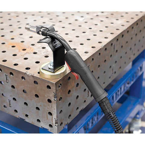 Magnetic MIG Welder Torch Holder Heavy Duty 3mm Steel Powder Coated Finish Two And Three Quarters Inch Grippy Magnet in use