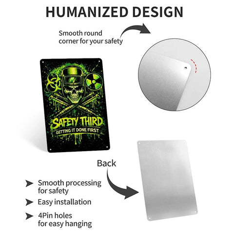 Safety Third Aluminum Sign 8x12 Vertical Poster Built Tough Rustproof Metal Art with skull and crossed wrenches design.