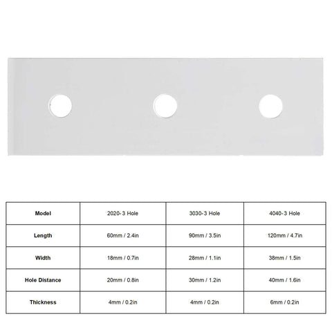 Heavy Duty Aluminum Joining Plates For Wood 3 Hole Flat Connectors 10 Pack, 3 hole design, dimensions table.