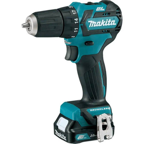 Ultra Compact 12V Max CXT Brushless Cordless Driver Drill with black and teal design, ideal for tight spaces and precise fastening.
