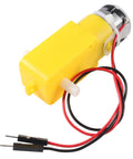 Yellow TT DC gearbox motor with red and black wire leads, ideal for Arduino robots and DIY projects. Focus on DC gearbox motors for Arduino robots.
