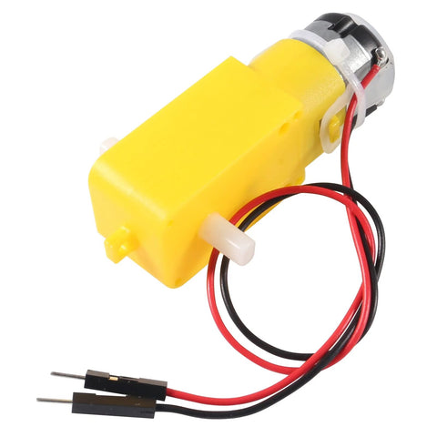 Yellow TT DC gearbox motor with red and black wire leads, ideal for Arduino robots and DIY projects. Focus on DC gearbox motors for Arduino robots.