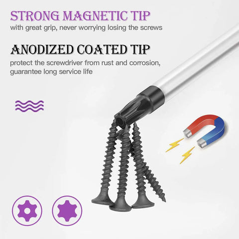 Beefy Tamper Proof Torx Star Screwdriver Set detail showing magnetic tip with four screws and text on anodized coating benefits.