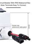 Close-up of Two Pole 1000V 63 Amp DC Solar Disconnect Switch With IP65 Box showing waterproof cable gland and connections.