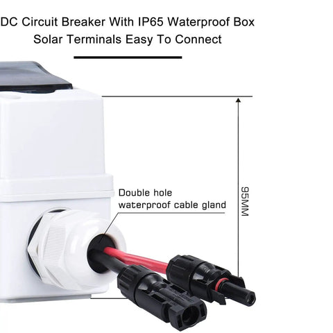Close-up of Two Pole 1000V 63 Amp DC Solar Disconnect Switch With IP65 Box showing waterproof cable gland and connections.