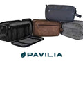 Men's Travel Toiletry Bag With Hella Roomy Compartments, Badass PU Leather Dopp Kit, Water Resistant Grooming Organizer Case For Shaving Essentials And Hygiene Gear In Dark Brown, displayed in three angles.