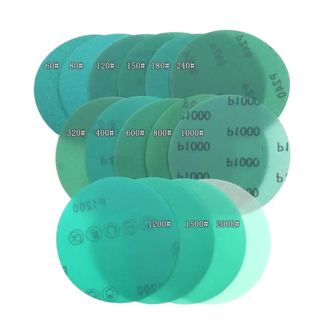 Rock Solid 30 Pc Set Of 5 Inch Hook And Loop Sanding Discs With Green Abrasive Film for Orbital Sanders, assorted grits shown.