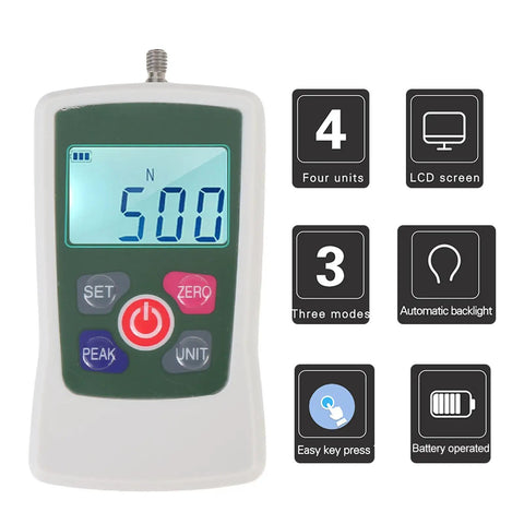 Portable Digital Force Meter 100N Push Pull Tester For Industrial Use With Three Measurement Modes And Four Unit Options High Accuracy Sensor Compact Handy For Field And Lab Tests, front view