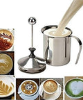 Stainless Steel Manual Milk Frother Handheld Foam Maker For Coffee Cappuccino Latte Hot Chocolate 14 Ounce 400ml next to coffee art.