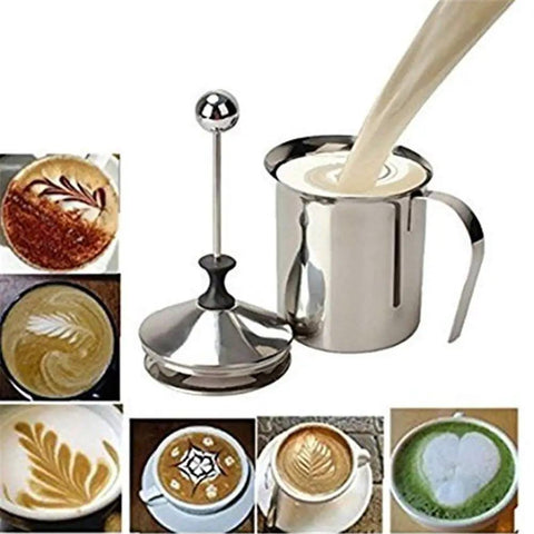 Stainless Steel Manual Milk Frother Handheld Foam Maker For Coffee Cappuccino Latte Hot Chocolate 14 Ounce 400ml next to coffee art.