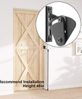 Large Size Privacy Barn Door Latch Lock For Sliding Doors Pocket Doors Garage And Shed Black Two Pack Made From Solid Steel With Powder Coat Finish For Durability And Corrosion Resistance Easy To Install For Wood Glass Gates installed on wooden door with installation height marked.