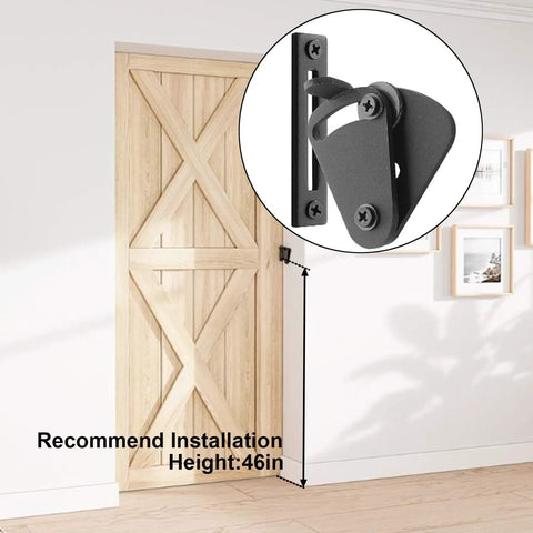 Large Size Privacy Barn Door Latch Lock For Sliding Doors Pocket Doors Garage And Shed Black Two Pack Made From Solid Steel With Powder Coat Finish For Durability And Corrosion Resistance Easy To Install For Wood Glass Gates installed on wooden door with installation height marked.