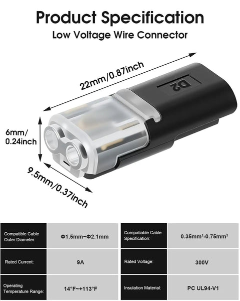 50 Pack Double Wire Connectors With Locking Buckle For 18 To 22 Awg Solderless Electrical Splices Low Voltage Plug In Terminals For Led Strip Auto Wiring And Audio Hookup Dead Simple Setup showing specifications with dimensions.