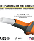 Close-up of the handle of the Pro Grade 1000V Insulated Screwdriver Set With Pliers And Wire Stripper Includes Number 2 Phillips And Quarter Inch Cabinet Slim Tips Two Insulated Pliers Made In USA Meets ASTM F1505 And IEC 60900 For Safe DIY Electrical Work, showing insulation layers and safety standards.