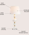 Pearl White Fluted Glass LED Table Lamp 30 Inch With Stacked Sphere Crystal Base White Faux Silk Shade, features labeled.