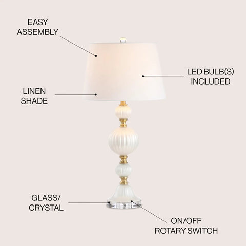 Pearl White Fluted Glass LED Table Lamp 30 Inch With Stacked Sphere Crystal Base White Faux Silk Shade, features labeled.