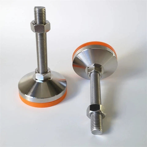Heavy Duty Adjustable Leveling Feet 4 Pack 304 Stainless Steel Screw Down Machine Supports Hard As Nails Stable Quick Leveling Pads With M20 Threads For Gritty Jobsites, showcasing two pads with orange accents.