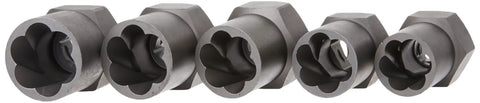 Five Piece Lugnut Extractor Kit for Removing Stripped Lug Nuts, Built Tough With High Carbon Steel, Universal Lobular Design With Reverse Spiral Flutes, Includes Carrying Case