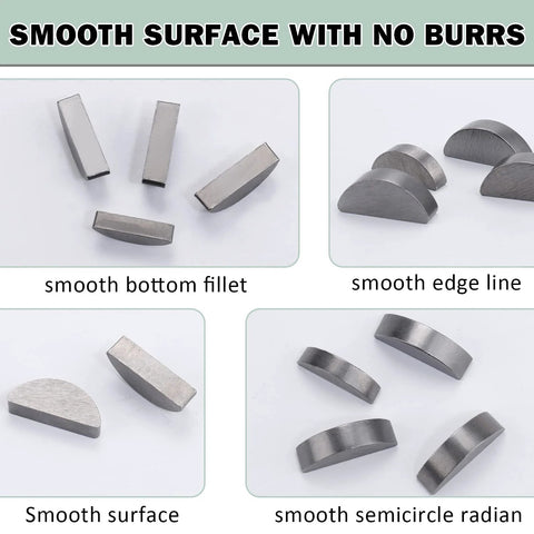 Woodruff key assortment in carbon steel; rectangular and semicircular keys in multiple sizes.