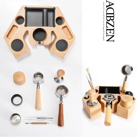Slick Walnut Wood Espresso Tamping Station With Quick Release Knock Box And Eight Versatile Tool Slots For 58mm Portafilters Distributors And Tampers Making Your Brewing Corner Look Sharp And Run Like A Dream.
