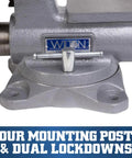 Rock Solid 6 Inch Heavy Duty Bench Vise Packing 9900 Lb Bite With Durable Steel Rails, showing four mounting posts and dual lockdowns.