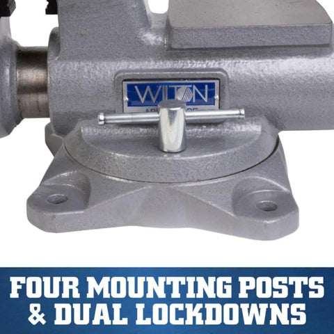 Rock Solid 6 Inch Heavy Duty Bench Vise Packing 9900 Lb Bite With Durable Steel Rails, showing four mounting posts and dual lockdowns.