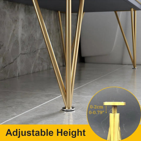 Gold adjustable hairpin legs for tables and cabinets with adjustment close-up, visible on gray tiled floor in modern interior.