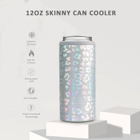 Laser Leopard Skinny Can Cooler Made With Double Wall Vacuum Insulated Stainless Steel To Keep Your Twelve Ounce Tall Boys Frosty All Night Long Perfect Bridesmaid Party Favors That Truly Hit Different, featuring a sleek design.