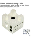 Pro Grade Watch Repair Tool Set For Movement Change And Riveting Stainless Steel Watch Block shown with various holes and rivets