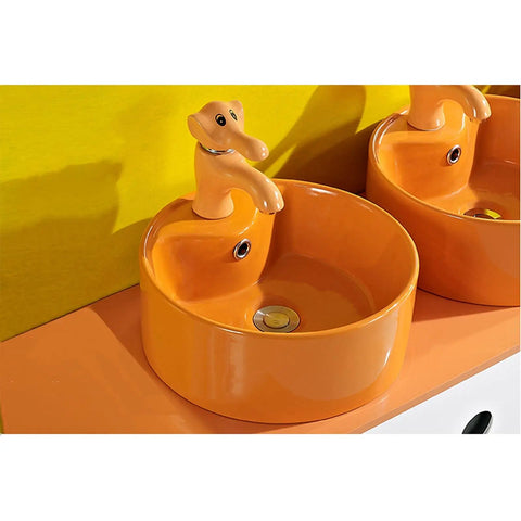 USZWBY Bathroom Vessel Sink Cute Round Ceramic Bathroom Sink with Animal-Shaped Faucet Sink Set Bathroom Sink in bright orange.