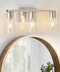 Three Light Sleek Brushed Nickel Bathroom Vanity Light With Clear Glass Shades Metal Wall Mount Fixture Over Mirror