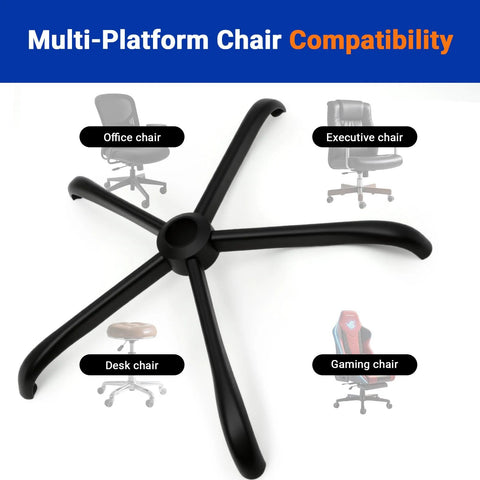 Heavy Duty 28 Inch Office Chair Base Replacement For Most Chairs 2400 Lbs Capacity Matte Black Metal Legs With Universal Casters Sockets displayed with chair compatibility for office, executive, desk, and gaming chairs.