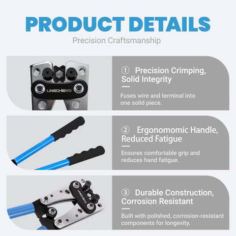 All In One Battery Cable Lug Crimper Kit With Heavy Duty Wire Cutter and ergonomic handle, precision crimping shown.