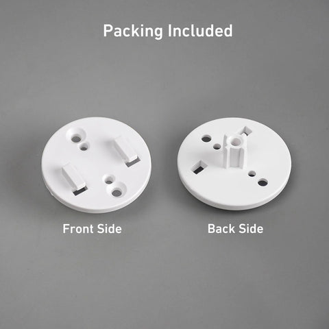 Two white round adapter plates (2-pack) for electric blind motors, front and back views.