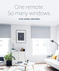 Living room with motorized blinds controlled by 5 Channel RTS Remote Control For Blinds And Shades, showcasing sleek white finish.