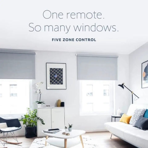 Living room with motorized blinds controlled by 5 Channel RTS Remote Control For Blinds And Shades, showcasing sleek white finish.