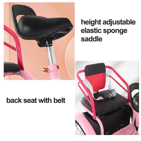 Folding Tricycle With Rear Passenger Seat And Backrest In PU Leather Adjustable Height Tandem Rickshaw Pedal Bike rear seat detail