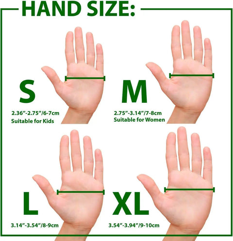 Hand size chart for Three Finger Archery Glove Leather Tab All Day Comfort Heavy Duty For Recurve And Longbows showing S to XL sizes.