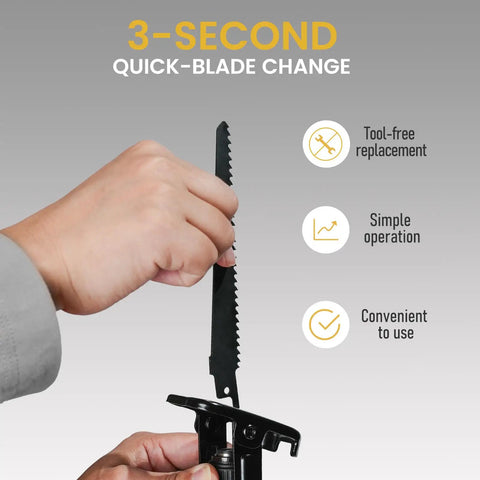 Hand changing blade on Brushless Reciprocating Saw Cordless 20V Max Compatible Tool Only 3000 SPM One-Handed Sawzall, text overlay.