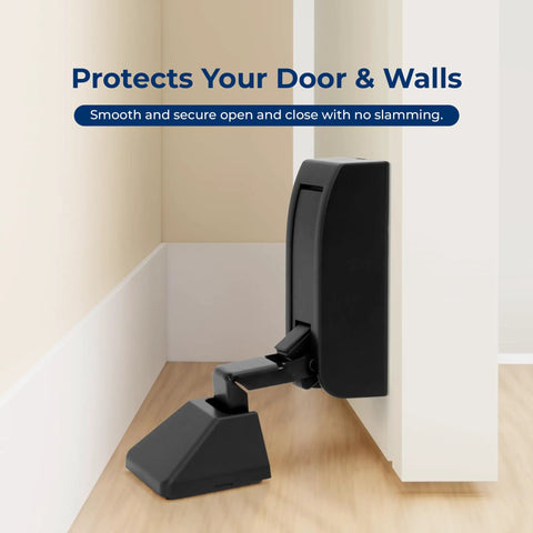 Heavy Duty Carbon Steel Door Stopper Features Hydraulic Soft Close For Smooth Operator Swing Tough As Nails Wall Guard For Hallways And Offices No Drama Bolt Down Setup Hangs Steady Through Thick And Thin Matte Black in corner.