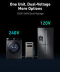 SOLIX F3800 Portable Power Station powering fridge and washer, showing 120V and 240V output options