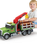 Little boy playing with 15 Inch Large Timber Log Truck With Loading Crane Six Wooden Logs Lights And Sounds Realistic Inertial Skid Play Toy For Boys And Toddlers Ages 3 4 5 6 Kid Friendly Gift