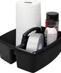 Two Compartment Large Cleaning Caddy With Easy Carry Handle For Multipurpose Storage Of Cleaning Sprays Cloths And Tools Durable Lightweight Black Plastic Grab And Go Ready For Home Office Garage And Busy Kitchens containing cleaning supplies.