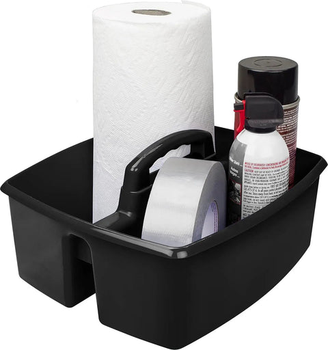 Two Compartment Large Cleaning Caddy With Easy Carry Handle For Multipurpose Storage Of Cleaning Sprays Cloths And Tools Durable Lightweight Black Plastic Grab And Go Ready For Home Office Garage And Busy Kitchens containing cleaning supplies.