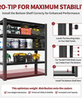 Beast Mode Heavy Duty 5 Tier Garage Shelving showing installation tips for bottom shelf stability, black metal frame, adjustable utility shelves.