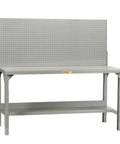Built Like A Tank Adjustable Heavy Duty Welded Workbench With 4000 Lb Capacity Pegboard Panel Lower Shelf Double Reinforced Steel Top Shop Ready Station In Gray For Hard Jobs with a pegboard back and lower shelf.