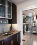 Modern kitchen with glass entrance to wine cellar featuring 12 Inch Two Sided Stainless Steel Matte Black Door Handle Pull for Commercial Sliding Barn Interior and Exterior Use Pro Grade Built To Last.