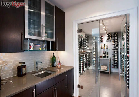 Modern kitchen with glass entrance to wine cellar featuring 12 Inch Two Sided Stainless Steel Matte Black Door Handle Pull for Commercial Sliding Barn Interior and Exterior Use Pro Grade Built To Last.