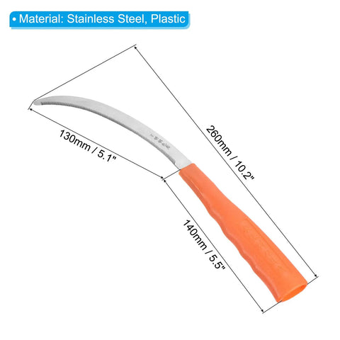 10 Inch Serrated Sickle Set For Garden Weeding And Harvesting, Stainless steel blade and non-slip orange handle, 10.2 inches long