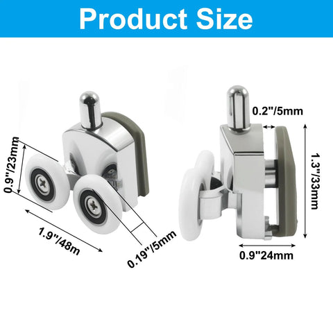4 Pcs Curved Shower Door Rollers Replacement With 23mm Aluminum Alloy Wheels, Anti Collision Block And Screws shown with measurements.